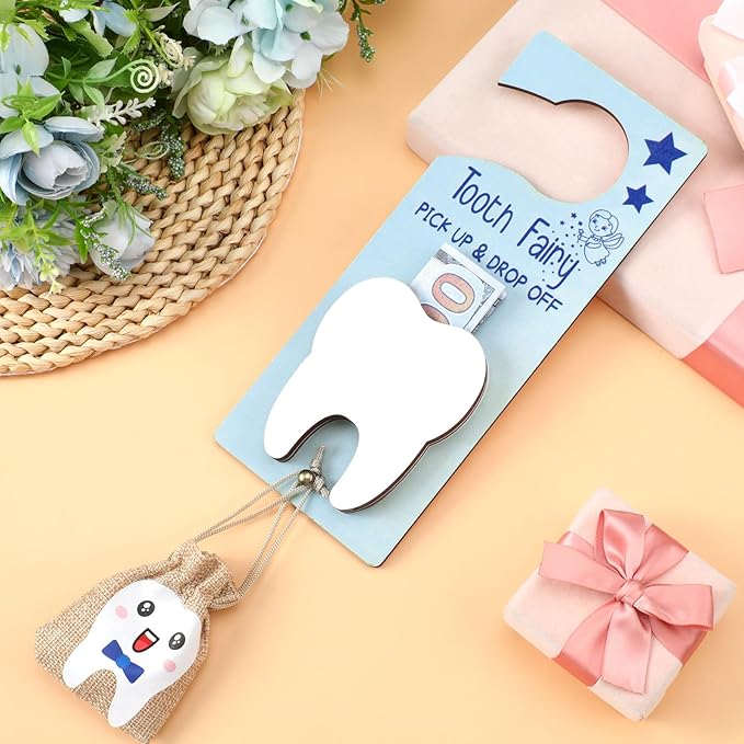 Tooth Fairy Holder Bag Hanger with Money Slot Keepsake Bottle Velvet Pouch Tooth Fairy Box Encourage Gift for Lost Teeth Boy Girl Milk(Classic,Blue Brown)