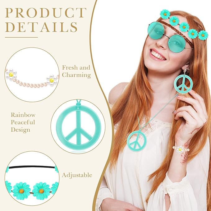 Batiyeer 6 Pcs Hippie Costume Accessories Set, Boho Peace Sign Daisy Flower 60s 70s Party Favors Decor for Groovy Party Women(Lake Blue)