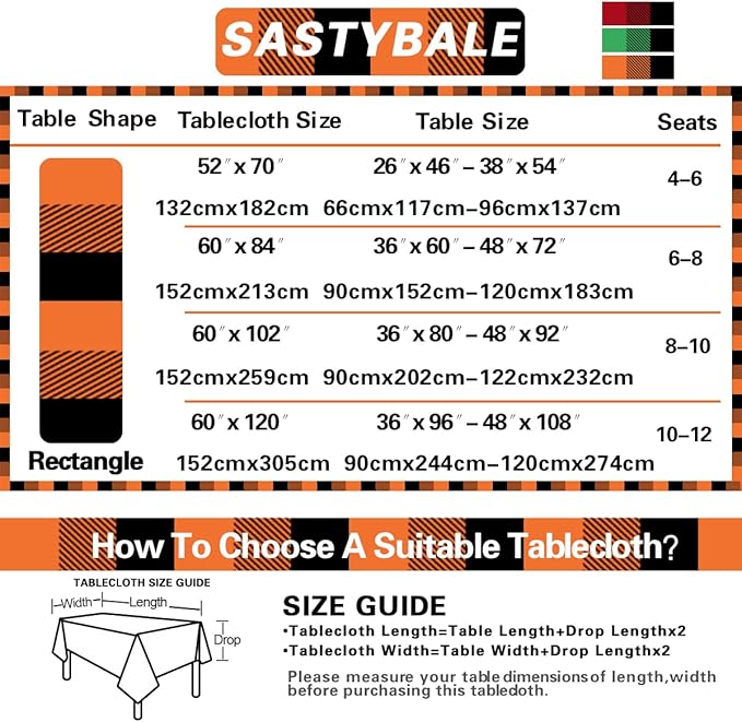 Checkered Vinyl Thanksgiving Tablecloth Rectangle 60x84 Inch with Flannel Backing Stain & Waterproof Plaid Table Cloths, Heavy Duty Plastic Table Cover for Fall Halloween, Harvest, Orange and Black