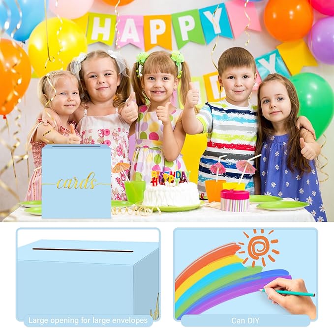 1 Pack Light Blue and Gold Foil Card Box for Party, 8.7" Light Blue Money Box for Birthday, Wedding, Baby Shower, Retirement, Anniversary, Bridal Shower, Raffle Ticket