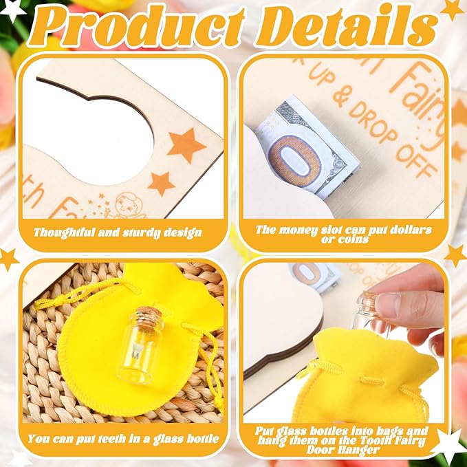 Tooth Fairy Holder Bag Hanger with Money Slot Keepsake Bottle Velvet Pouch Tooth Fairy Box Encourage Gift for Lost Teeth Boy Girl Milk(Classic,Yellow)