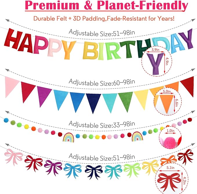 Happy Birthday Banner Set- Pre Strung Reusable Felt 3D Happy Birth Day Sign Banner, Pompom Garland, Bunting Flags and Bow Garland for Birthday Party Decorations for Women Men Boys Girls