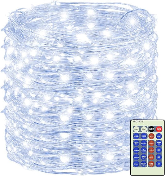 Decute 300Led 99FT Silver Wire Christmas Fairy String Lights Dimmable with Remote Control Starry Lights with UL Cerficated Decorative for Party Wedding Bedroom Christmas Tree Cool White