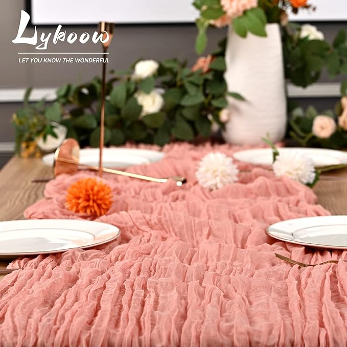 5 Packs Cheesecloth Runner Peach Coral, 35x120 Inch Rustic Gauze Boho Wedding Decoration, 10Ft Table Cloth for Party Bridal Shower
