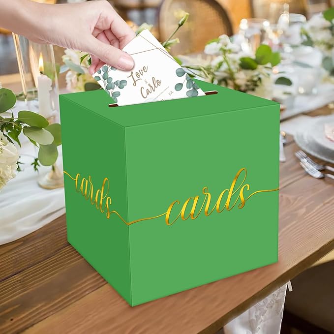 1 Pack Green and Gold Foil Card Box for Party, 8.7" Green Gift Card Box Money Box for Birthday, Wedding, Baby Shower, Retirement, Anniversary, Bridal Shower, Raffle Ticket