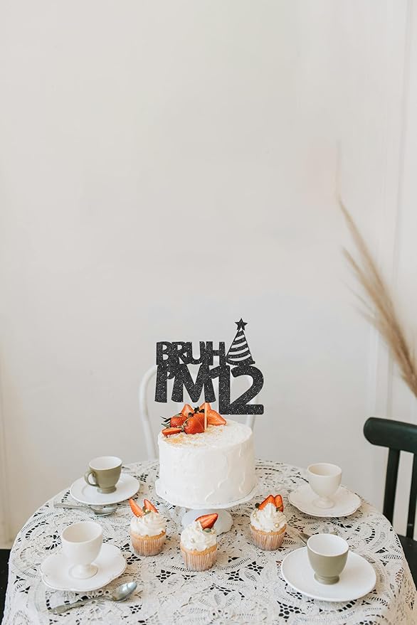 Bruh I’m 12 Cake Topper - Glitter Black 12th Birthday Cake Decorations, 12 Years Old Birthday Cake Smash Decor (12)