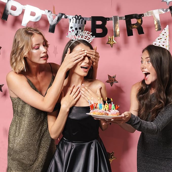 VELSCRUN 30th Birthday Queen Headband, Tiara Crown for Women, 30th Birthday Decorations for Her, Birth Queen Tiaras Crowns Sash for Women Mom Birth Party Decoration Hair Accessories Silver