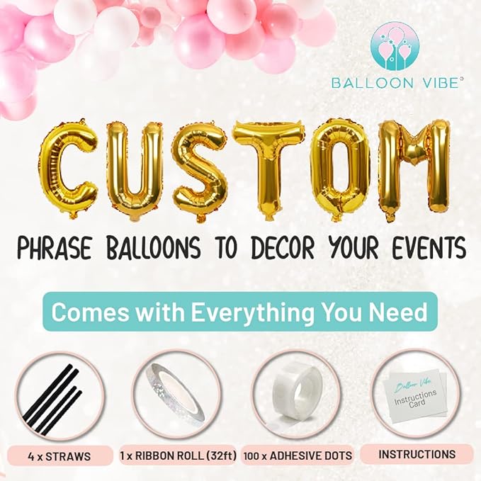 BALLOON VIBE Letter Balloons 16 Inch - Custom Phrase Alphabets & Numbers Foil Mylar Balloons with Straws, Ribbon and Adhesive Dots - Create Your Own Banner for Birthday, Baby Shower - 11 Colors