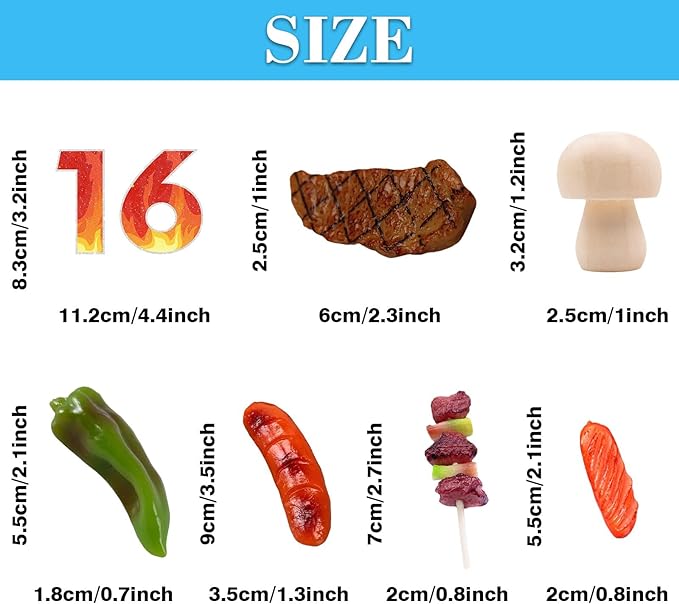 9 PCS BBQ Cake Topper Happy 16 Birthday Barbecue Decorations with Artificial Kebab and Hot Dog for Boys Girls Birthday Party Picnic Camping BBQ Theme Party Supplies