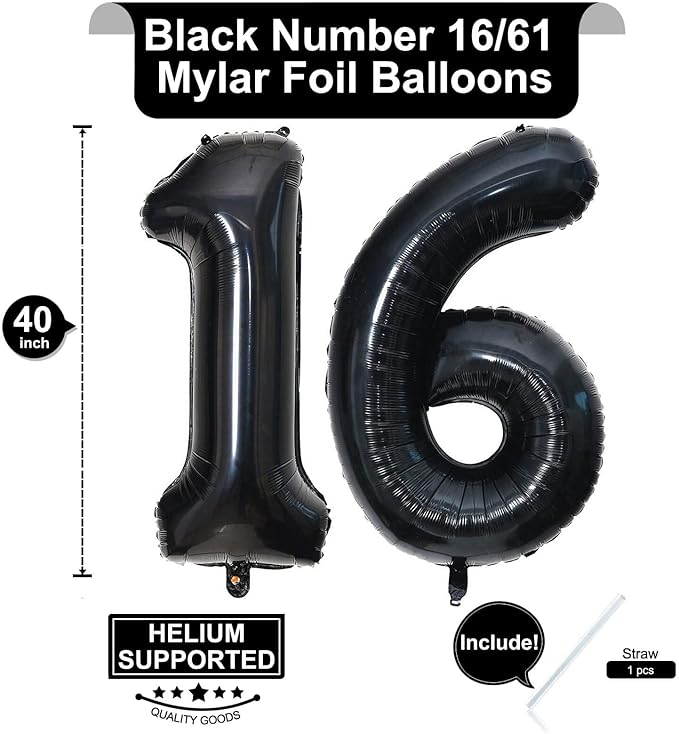 40 Inch Black 16 Number Balloons Giant 16 Balloons Black Birthday Balloons 16th Birthday Anniversary Events Party Decorations Supplies