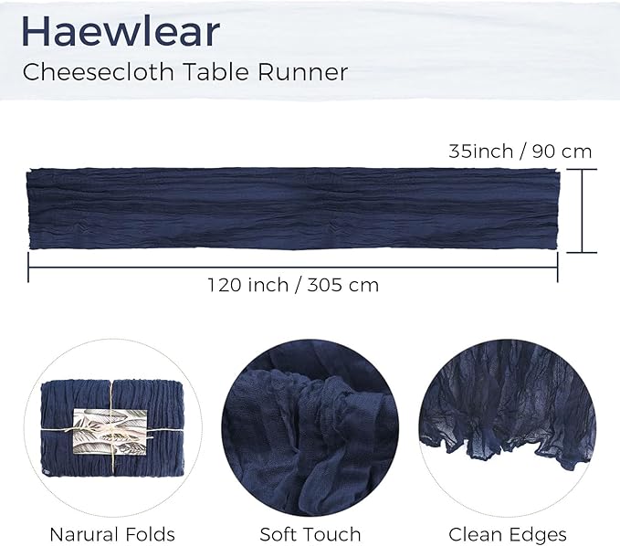 12 Pack Boho Gauze Cheesecloth Long Rustic Sheer Table Runner for Wedding Bridal Baby Shower Birthday Party Cake Table Arbor Decorations (Navy Blue)