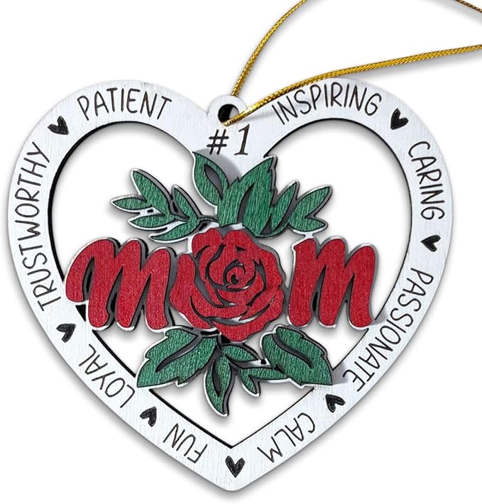 Best Mom Christmas Ornament – Heart Shaped Wooden Hanging Decoration with Rose Design, Gift for Mother, Sentimental Keepsake Ornament for Mom, Mother’s Day or Holiday Tree Decoration