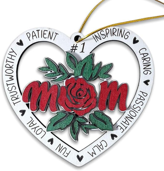 Best Mom Christmas Ornament – Heart Shaped Wooden Hanging Decoration with Rose Design, Gift for Mother, Sentimental Keepsake Ornament for Mom, Mother’s Day or Holiday Tree Decoration