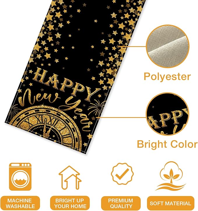 Seliem Happy New Year 2026 Table Runner, Black Gold Stars Clock Celebration Kitchen Dining Table Decor, Golden Fireworks Christmas Winter Home Decoration Indoor Outdoor Party Supply 13 x 72 Inches