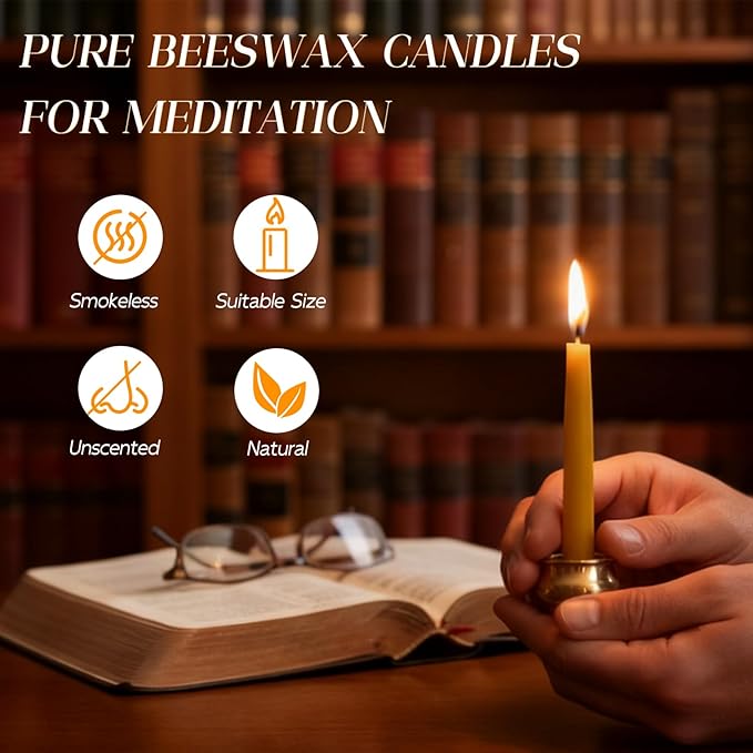 70Pcs Beeswax Candles 30 Minute Meditation Candles, Mini Taper Candles with Brass Candle Holders, Prayer Candle Gift for Yoga Relaxation