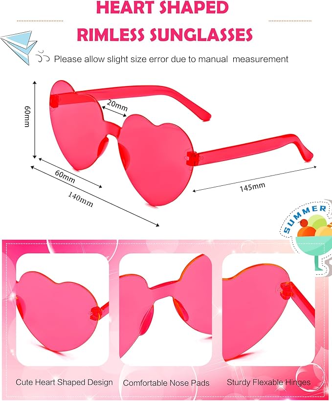 40 Pairs Heart Shaped Sunglasses Bulk, Colorful Rimless Fun Heart Sunglasses for Women Party Favors