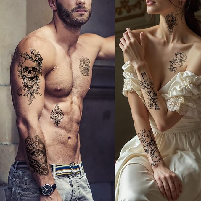 47 Sheets Baroque Temporary Tattoo for Women Men, 17 Sheets Half Arm Large Cross Skull Poker Angels Fake Tattoos, 30 Sheets Lion Flowers Tiny for Adult Kids Body Tattoos Stickers Realistic