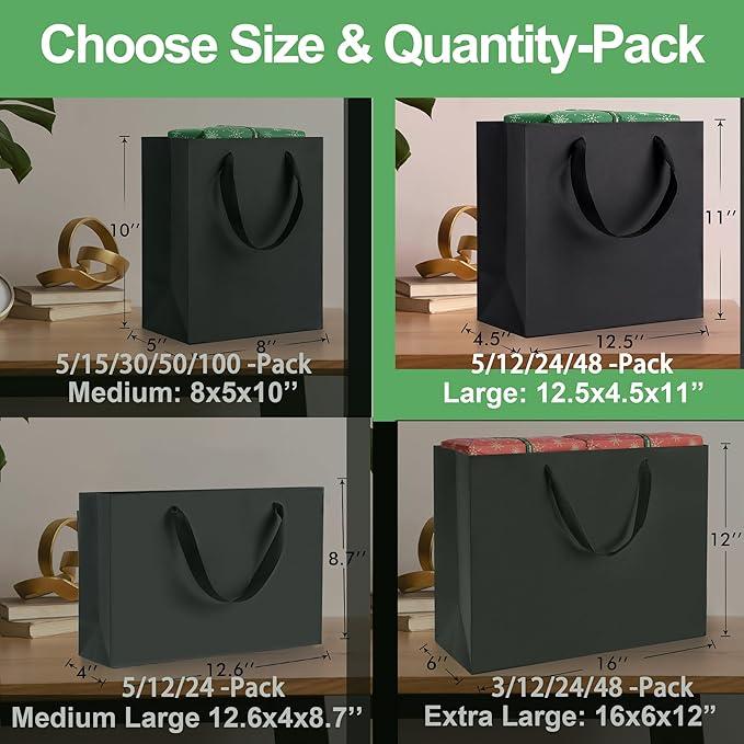 MOXARYSU Large Black Gift Bags: 12.5x4.5x11 Inch 12pcs Kraft Paper Bags Bulk For Party Shopping Birthday Wedding (L,12)