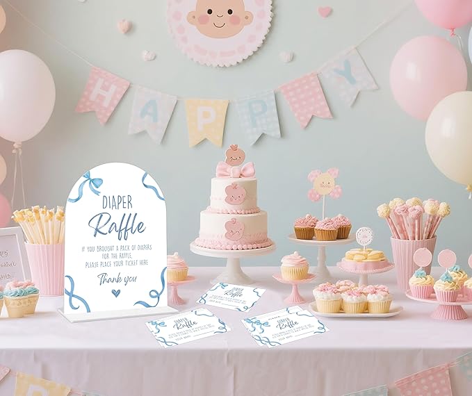 Baby Shower Games - Blue Bow Diaper Raffle, 1 Arch Acrylic Sign and 50 Diaper Raffle Tickets, Gender Reveal Game, Blue Baby Shower Decoration Supplies (PE02)