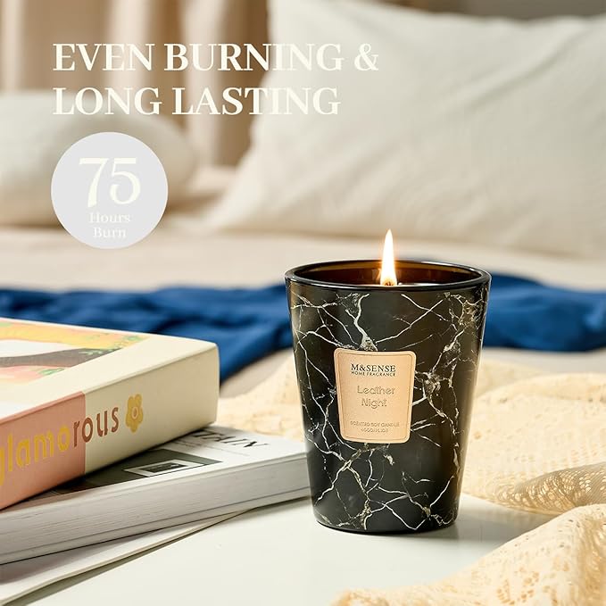 M&SENSE Leather Night Scented Candles for Home, 3 Wick Highly Scented Jar Candle, 14.1 Oz 80H Long Lasting Burning Christmas Candle for Women, Aromatherapy Candles for Holiday Christmas Gift
