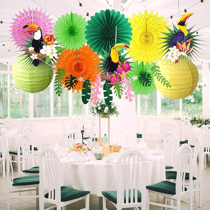 Tropical Bird Toucan Leaf Garland Party Kit for Summer Hawaiian Luau Tiki Tropical Jungle Themed Party Decorations Luau Party Supplies Decor with Palm Leaves Paper Fan Paper Lanterns