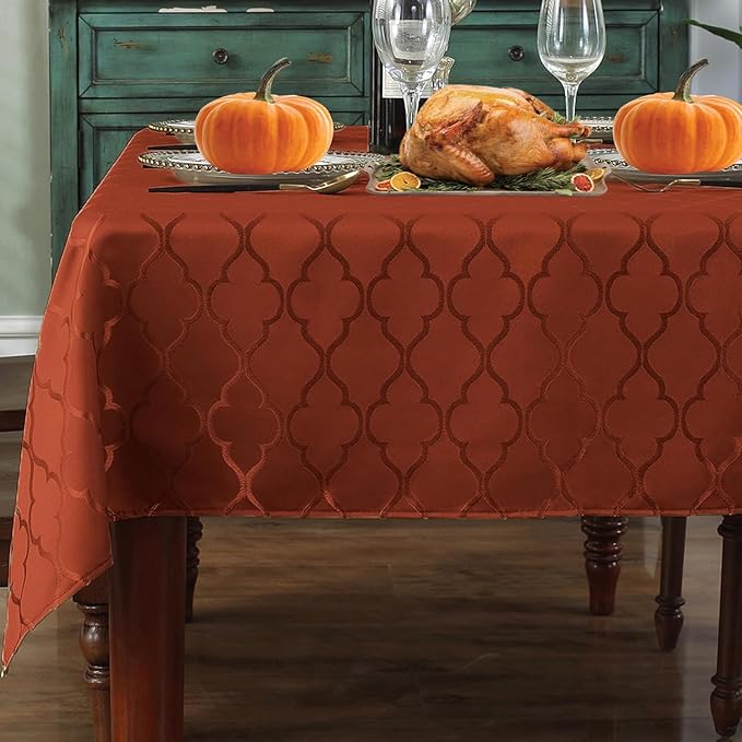 Jacquard Thanksgiving Tablecloth Square Flower Pattern Polyester Table Cloth Spill Proof Wrinkle Resistant Table Cover for Fall, Autumn, Harvest Decor (Square, 52" x 52" (4-6 Seats), Brick Red)