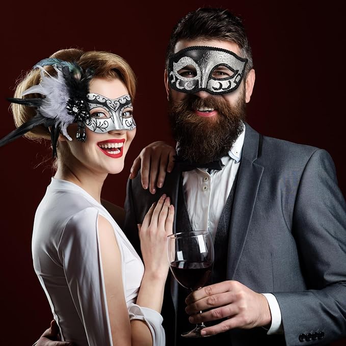 2025 New Masquerade Mask with Feather for Couples - Women's Masquerade Mask with Feather & Men Venetian Costume Mask