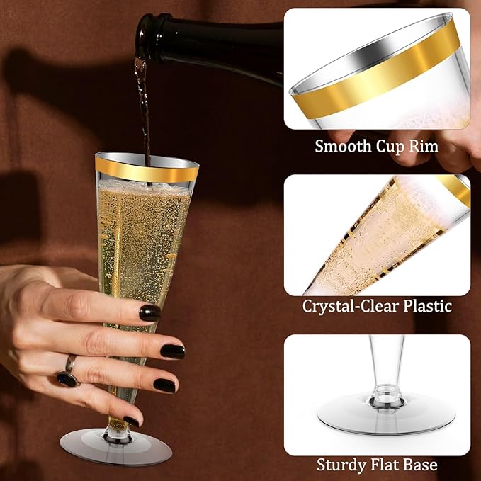 100 Pack Plastic Champagne Flutes Gold Rim Disposable Champagne Glasses, 4.5 Oz Mimosa Glasses Bulk Cocktail Toasting Cups for Party Supplies Wedding Bride Bar, Copas De Plastico Para Brindis
