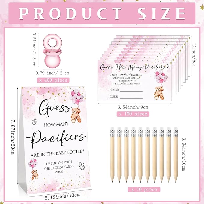 Roowest 512 Pcs Baby Shower Games Guess How Many Pacifiers Sign 100 Small Guessing Games 10 HB Pencils 750ml Milk Bottle 400 Acrylic Pacifiers Decoration for Guest Gender Reveal(Pink,Bear)