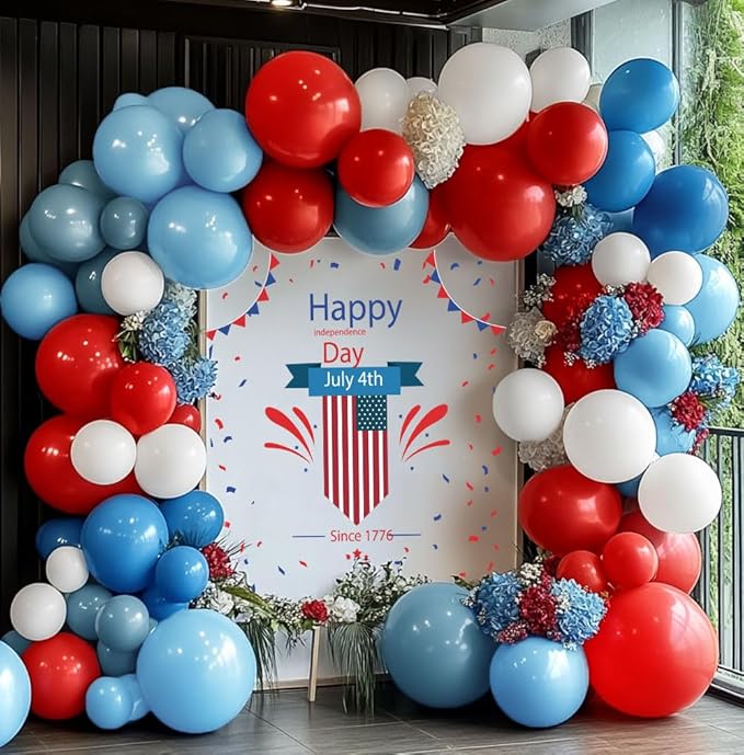 Red Blue White Balloon Arch Double Stuffed Navy Royal Dusty Blue Ruby Red Balloon Garland Kit with Latex for Birthday Baseball Baby Shower Nautical Graduation Veterans Day Party Decoration