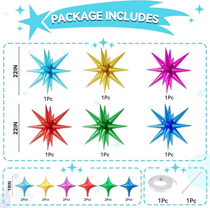 18 Pcs Colorful Star Balloons, Multi-color Stars Foil Balloon with 6 Pcs 22-Inch Explosion Star Balloons 12Pcs 10-Inch Four Pointed Stars Balloon for Baby Shower Kids Birthday Party Decoration