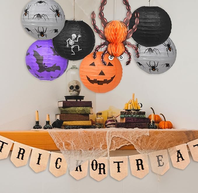 Mudra Crafts Hanging Spider Bat Skeleton Pumpkin Paper Lanterns Outdoor Indoor Jack-o’-Lantern Halloween Decorations Party Banner Set, Orange Black Purple 12-Inch Spooky Lamps