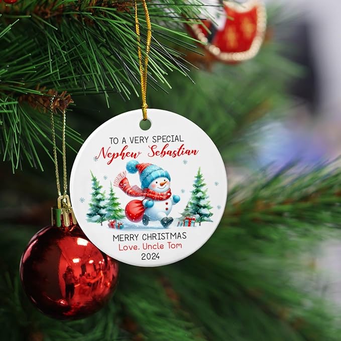 Personalized Special Nephew Snowman Ceramic Christmas Ornament 2025, Custom Year & Names Snowman Ornament Xmas Tree