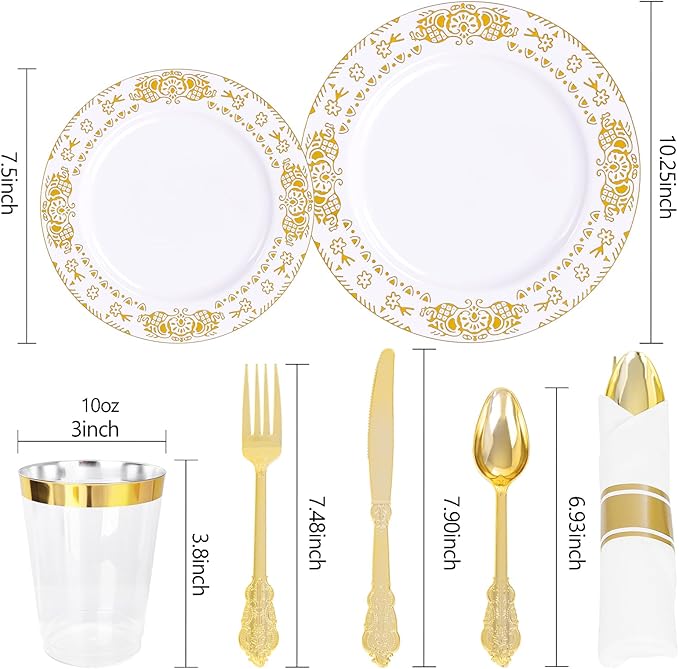 GATHER 350PCS White and Gold Plastic Plates - Gold Disposable Dinnerware Set Include 50 Dinner Plates, 50 Dessert Plates, 150 Gold Plastic Silverware, 50 Napkins, 50 Cups for Wedding & Thanksgiving