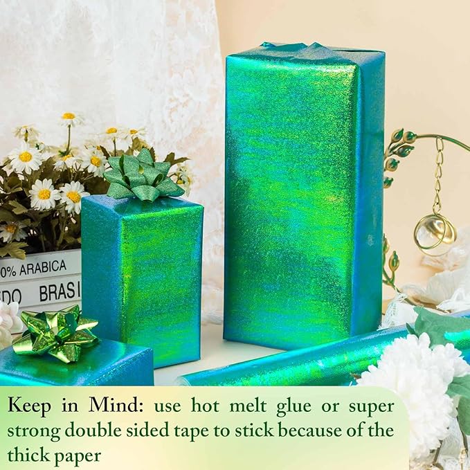 Yarcony Green Holographic Wrapping Paper - 17Inch X 32.8Feet - Shiny Green Iridescent Sparkle Wrapping Paper Luxury Embossed Gift Wrap for Birthday Wedding Bridal Shower Valentine's Day Mother's Day