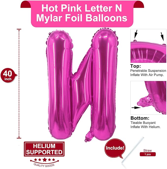 Lovoir 40 Inch Large Hot Pink Letter N Balloons Big Size Jumbo Mylar Foil Helium Balloon for Birthday Party Celebration Decorations Alphabet Hot Pink N