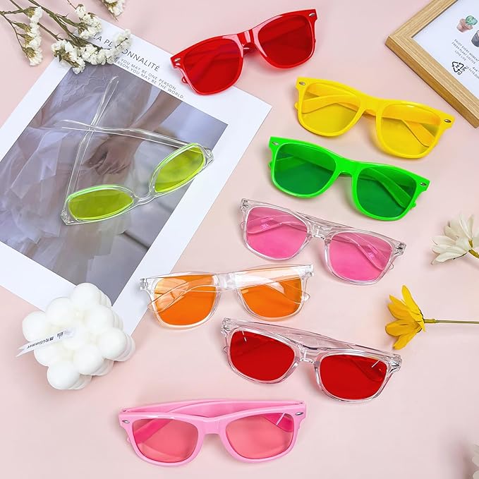 SUNOVELTIES 12/24 Pack Neon Party Sunglasses Mirrored/Jelly Lens Bulk Glasses Horn Rimmed Eyewear for Men Women