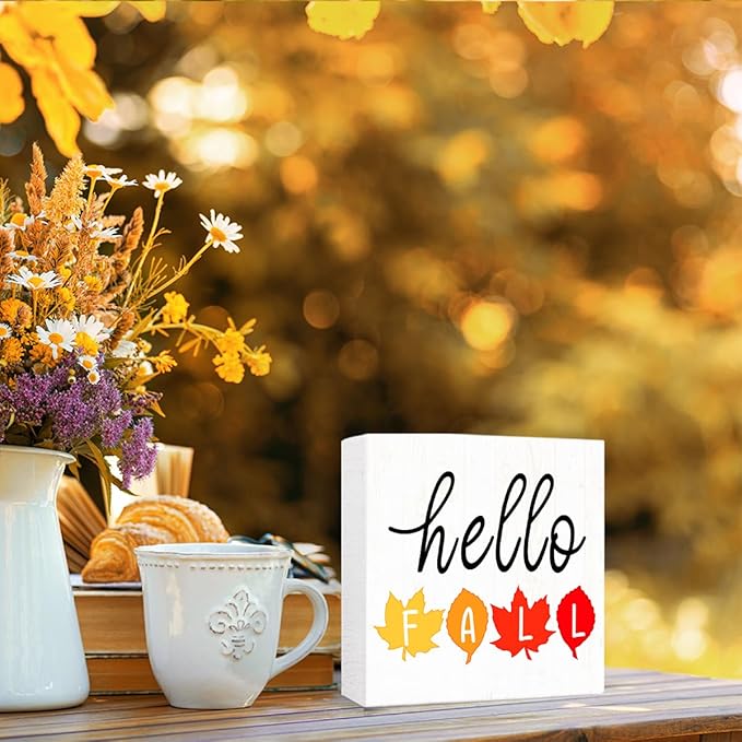 Hello Fall Wood Box Sign Funny Autumn Maple Leaves Wooden Block Desk Decor for Home Office Kitchen Cubicle Table Shelf Tabletop,Farmhouse Fall Sign Decor