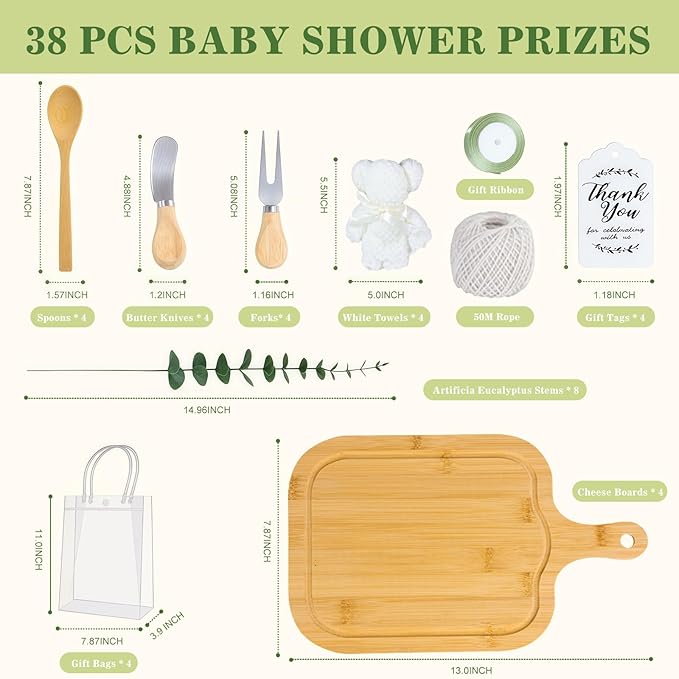 4 Set Baby Shower Game Prizes for game winners adults, Bamboo Mini Charcuterie Boards with Spoon Fork Towel & Gift Bags, Bridal Shower Prizes Gifts for Guests - All-in-One Adult Party Favors