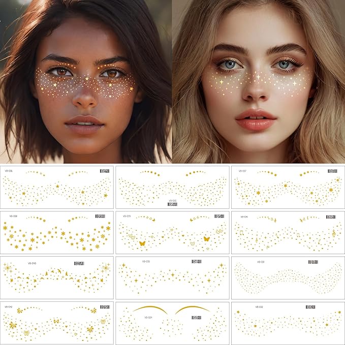 12 Pcs Gold Glitter Freckle Face Tattoo, Glitter Freckles Metallic Face Temporary Tattoo Sticker, Sparkle Makeup Patches Waterproof Gold Freckles Face Tattoos Stickers for Women Girls Party Decor 654