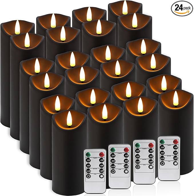 24-Pack Black Flameless LED Candles with Remote & Timer (3 Sizes) - Battery Operated Halloween Pillar Candles for Spooky Decor, Haunted House, Gothic Wedding, Holiday Centerpieces