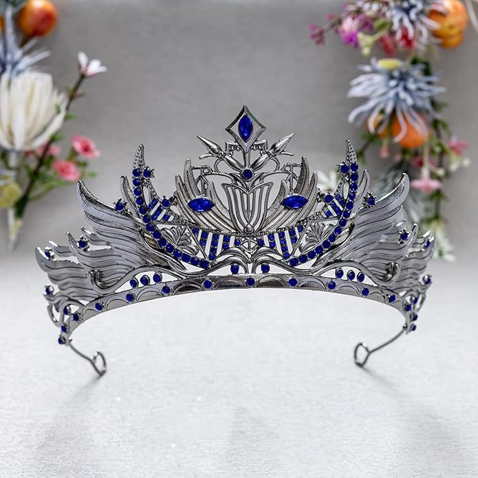 Gothic Red Crystal Flame Wing Tiara Crown for Women Girls, Halloween Cosplay Dark Queen Headpiece, Vintage Rhinestone Headband for Masquerade Party Wedding Prom Stage Accessories