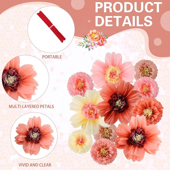 Crowye 24 Pcs Large Colorful Tissue Paper Flowers Decorations 20" Giant Fiesta Crepe Paper Flowers for Wall Decor Backdrop Mexican Wedding Birthday Baby Shower Carnival Party Craft (Vintage Color)