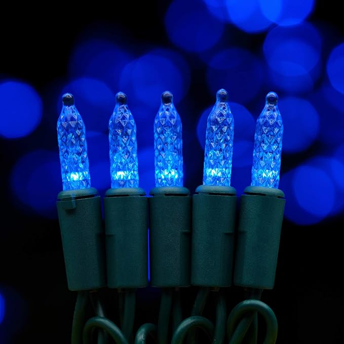 YULETIME Blue Faceted LED Christmas Lights 200 Count 50 ft, Pack of 2 Strands 25 ft 100 Lights UL Certified Commercial Grade Green Wire Holiday String Light Set (Blue)