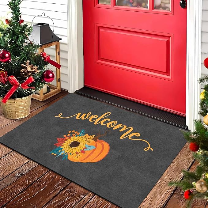 InterestPrint Fall Door Mat with Non-Slip Backing, Welcome Pumpkin Doormat Front Porch Rug Welcome Mats for Autumn Halloween Thanksgiving Farmhouse Decor, 30"x18"inch