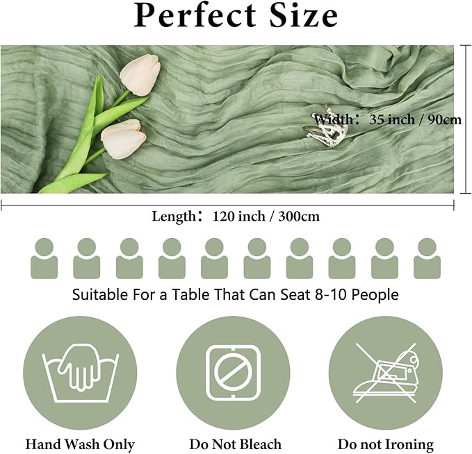 NESCCI 2 Pack Sage Green Table Runner,Rustic Boho Cheesecloth Table Runner,35x120 Inches Runners for Tables, Pefect for Mothers Day Wedding Baby Shower Birthday Party Home Decorations