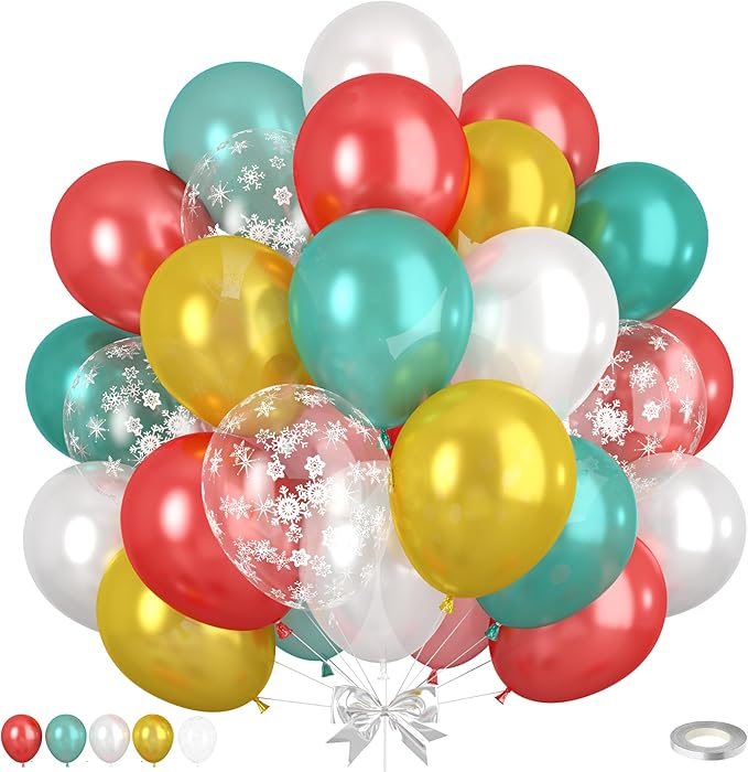 Christmas Balloons, Pearl Red Gold Teal Blue Balloons with Snowflake Print Balloon, Pearl White Gold Xmas Party Latex Balloon for Christmas Birthday Winter New Year Party Decorations Supplies