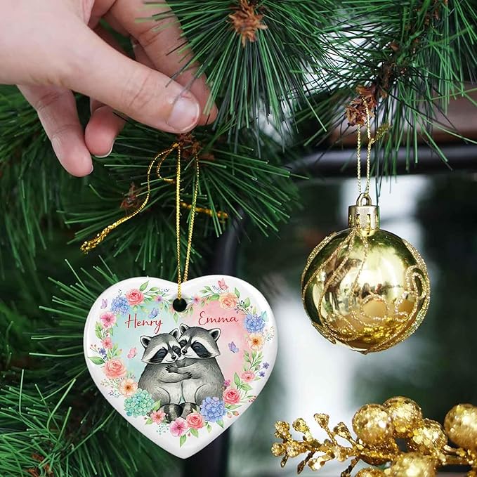 Custom Raccoon Couple Christmas Ornament 2025, Raccoon Floral and Butterfly Ceramic Ornament, Engagement Dating Keepsake Gifts for Men Women, Personalized Names Couple Raccoons Ornaments Xmas