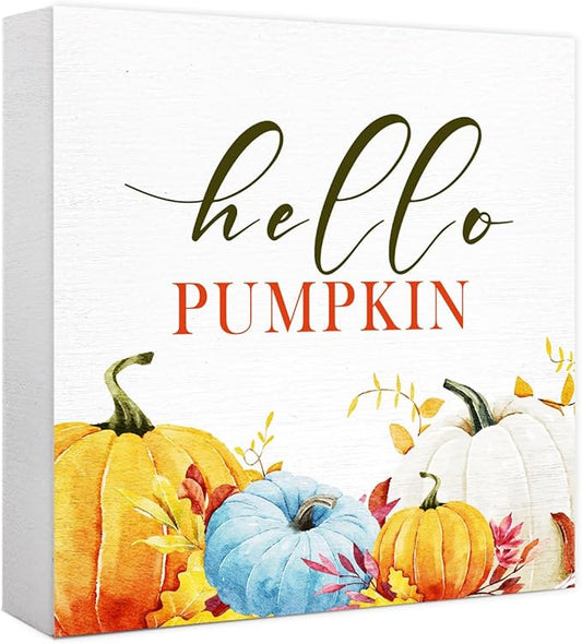 Funny Autumn Wood Box Sign Hello Pumpkin Wooden Block Desk Decor for Home Office Kitchen Cubicle Table Shelf Tabletop,Farmhouse Fall Sign Decor