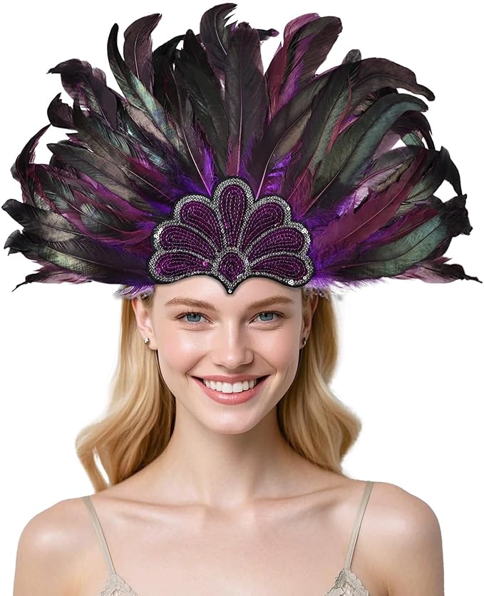Women's Carnival Feather Headpieces Sequin Headdress for Wedding Masquerade Party Cosplay Feather Headbands